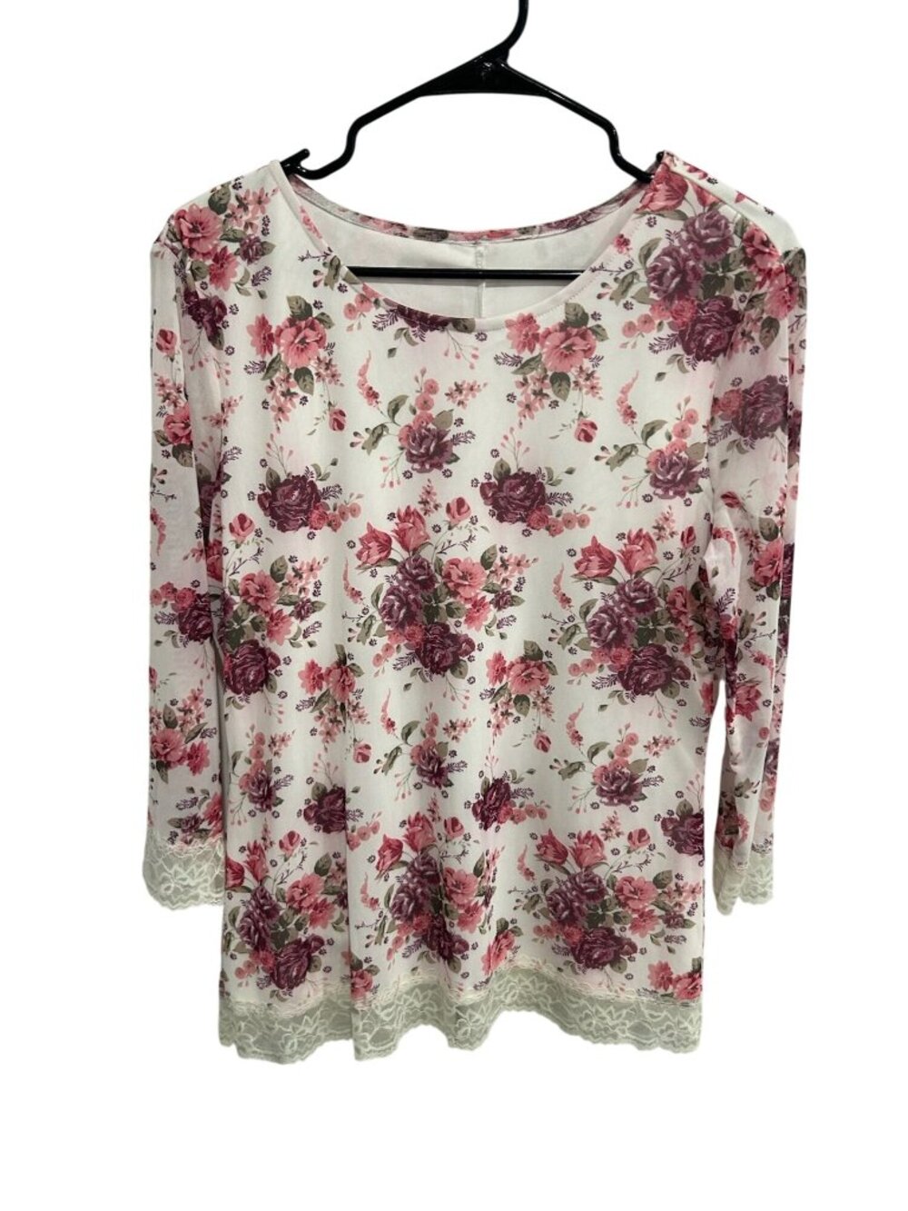 Pink Floral Print Long Sleeve Blouse Lace Trim Hem Cuff Cottagecore Romanticcore